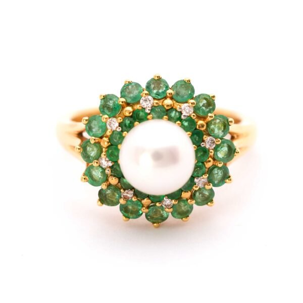 Pearl Emerald Diamond Ring 18K Gold